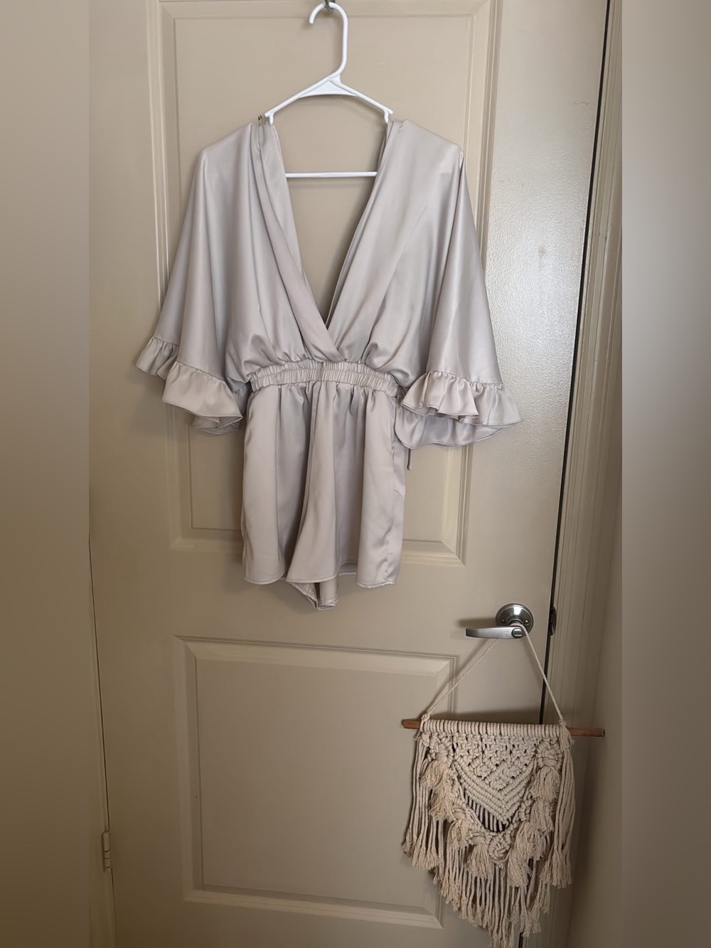 Tulle Satin V-Neck Romper in Light Taupe
